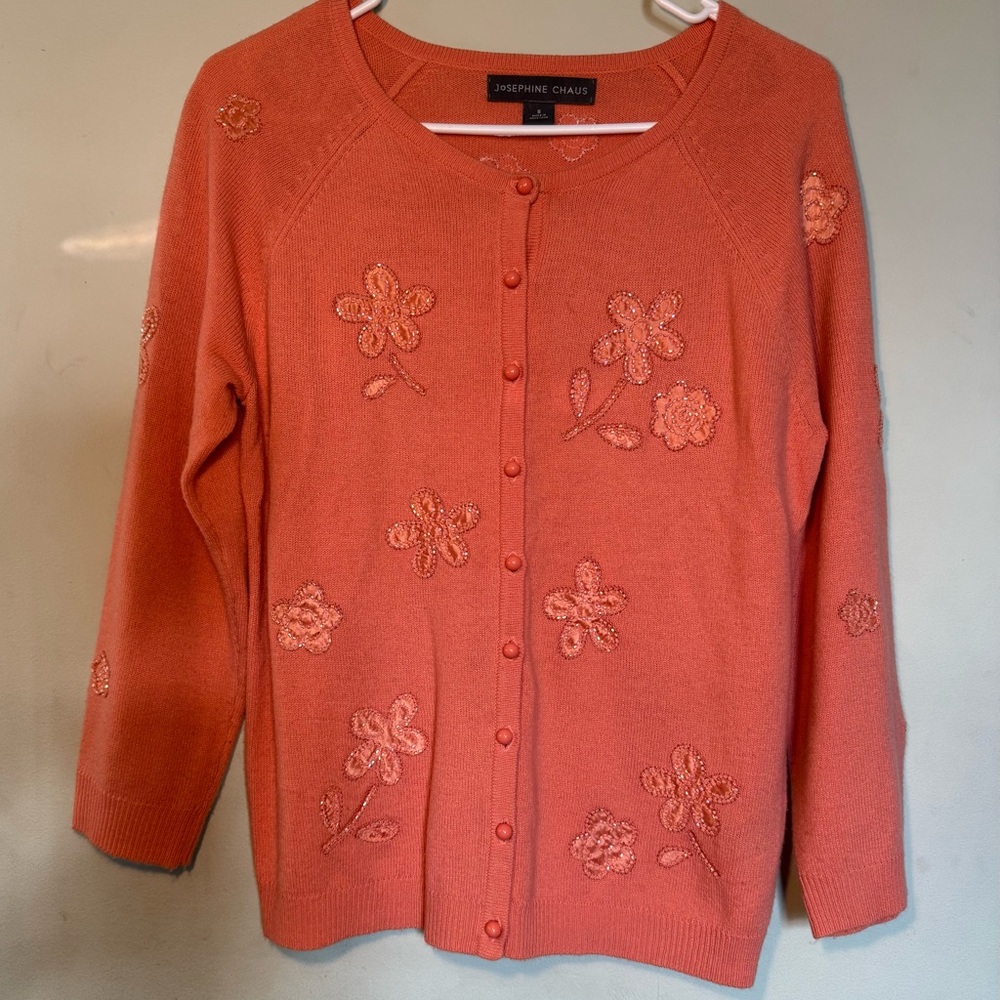 Women’s Josephine Chaus Beaded Floral Cardigan in Coral Size S